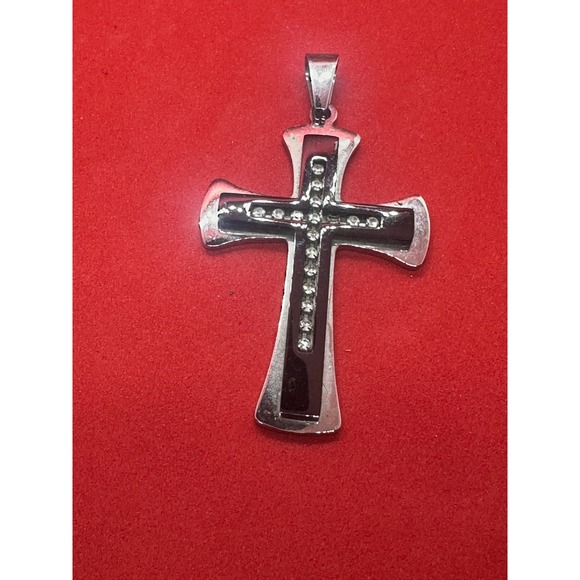 Jewelry - Silver Tone Black Inlay Crystal Cross Pendant Men Women Unisex Jewelry